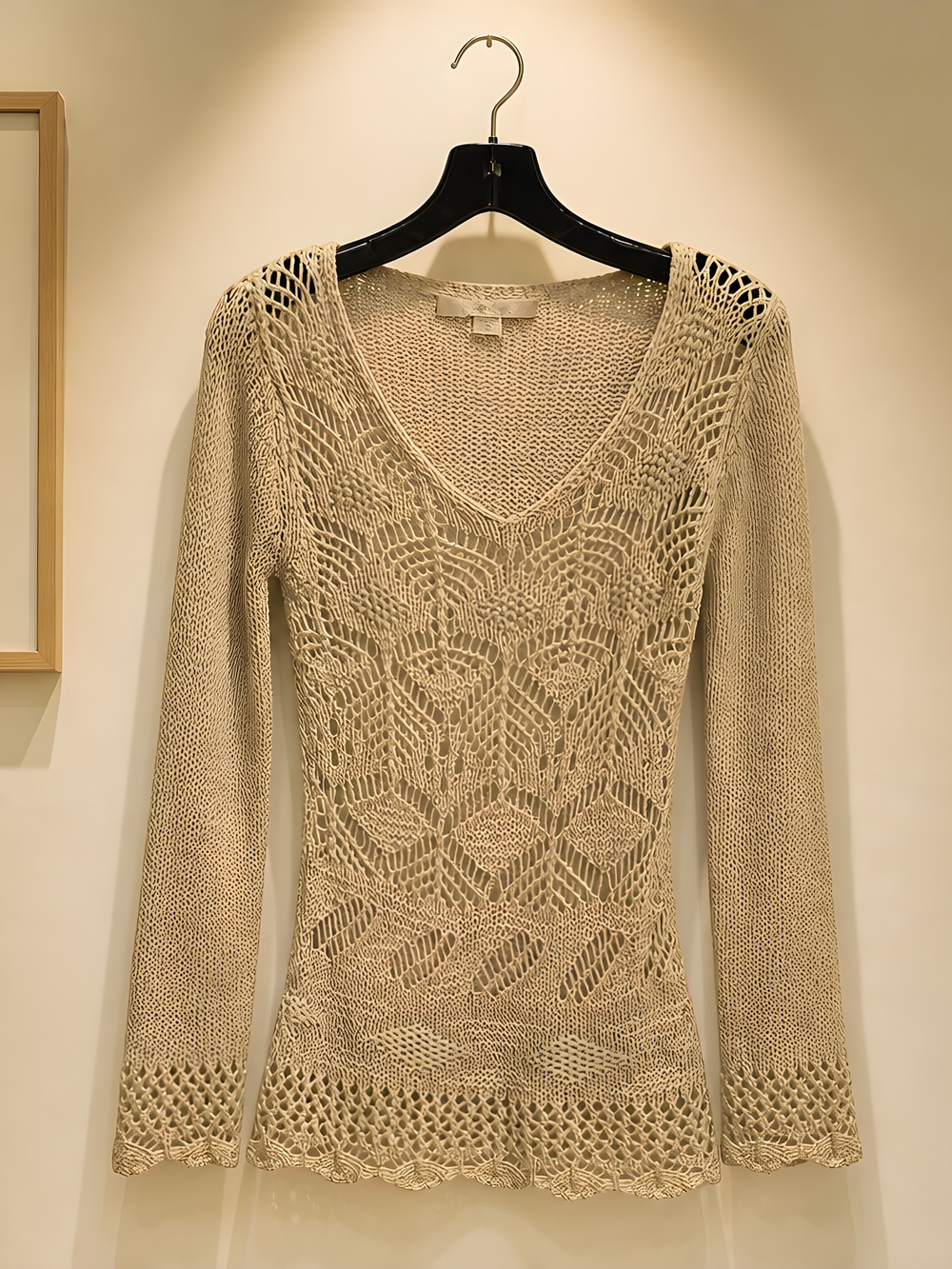 Boston Proper Beige Openwork V-Neck Crochet Sweater
